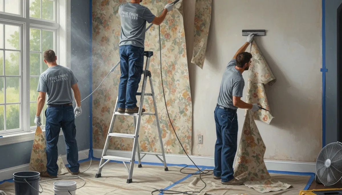 Baltimore, MD painters removing wallpaper and prepping walls for a smooth new finish